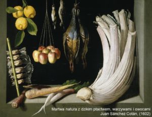 Martwa natura z dzikim ptactwem, warzywami i owocami -Juan Sánchez Cotán
